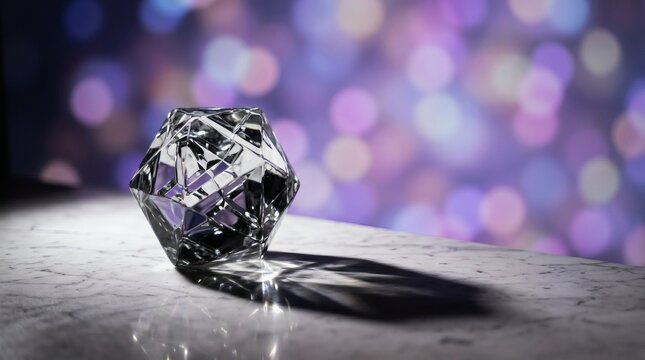 Geometric crystal prism on marble surface, faceted glass sculpture with bokeh background, elegant diamond paperweight on stone
