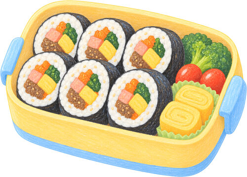 Colorful Korean lunch box with rice, egg and vegetables illustration, ideal for picnic and outing themed designs
