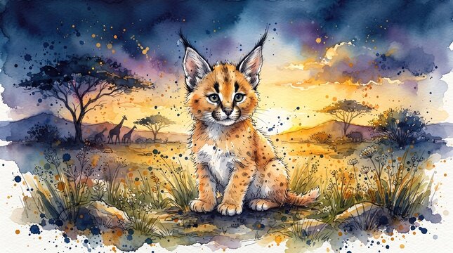 A young fennec fox stands alert in a golden savanna at sunset with a mystical glow illuminating the surrounding landscape and distant trees.