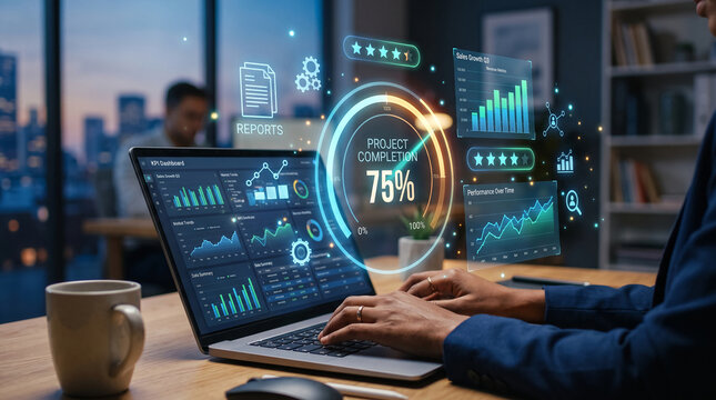 Laptop displaying business dashboard with charts and graphs, project completion 75%, symbolizing data analysis and success, perfect for business concepts