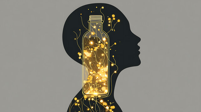 Human profile with a glowing bottle filled with light, symbolizing mental health, emotional energy, inspiration, inner strength, creativity, healing, hope, positive thoughts, and wellbeing