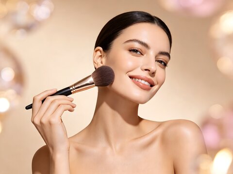 Beautiful young woman applying face powder with a makeup brush