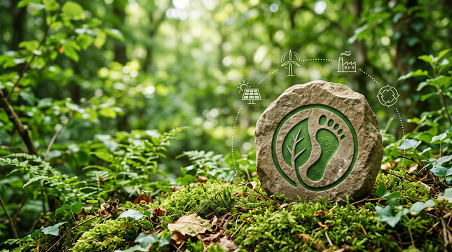 Stone with footprint and leaf, connected by icons to renewable energy and industry, symbolizing sustainable ecology.