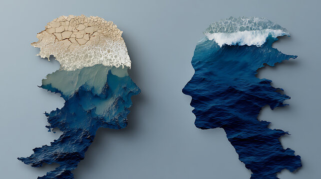 Two human profiles with contrasting ocean textures, one turbulent and cracked, the other calm and deep, representing mental health, emotional states, stress, healing, and inner balance