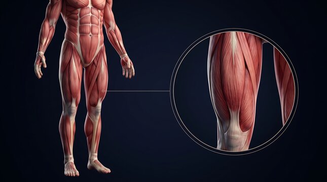 Detailed 3D rendering of the human muscular system with a magnified view of the thigh and knee muscles, illustrating anatomical structure.