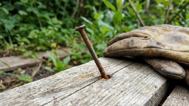 Rusty object danger: tetanus infection, disease pathogen, puncture hazard, metal corrosion, garden accident, dirty work, injury prevention, serious wound.