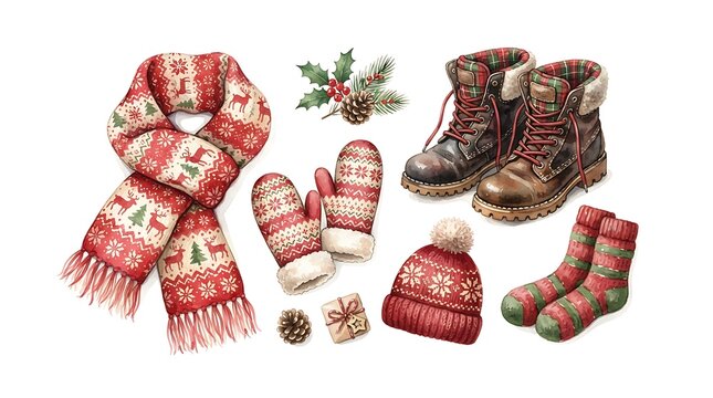 Cozy winter clothing set with scarf mittens boots hat and socks isolated on white background