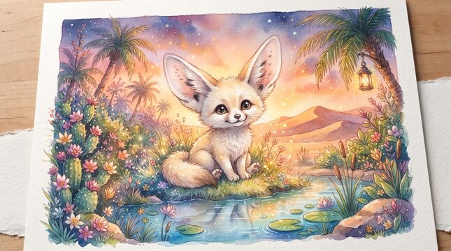 A fennec fox sits calmly beside a tranquil stream surrounded by lush palm trees and vibrant desert flora in a painterly watercolor style.