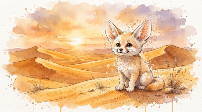 A whimsical fennec fox rests peacefully atop golden dunes in a warm-toned watercolor desert scene with dreamy textures.