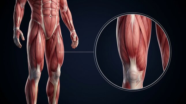 Detailed anatomical illustration of human leg muscles and skeletal structure with magnified knee view.