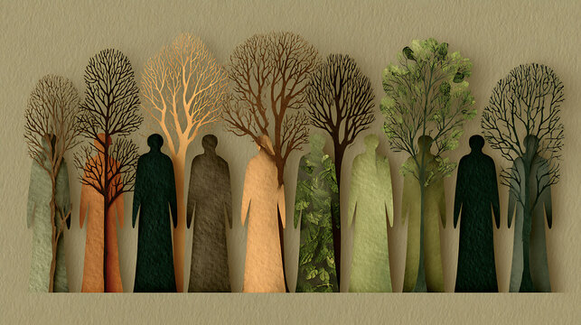Human silhouettes merged with trees, symbolizing mental health, personal growth, emotional development, healing, resilience, identity, connection with nature, and different stages of life