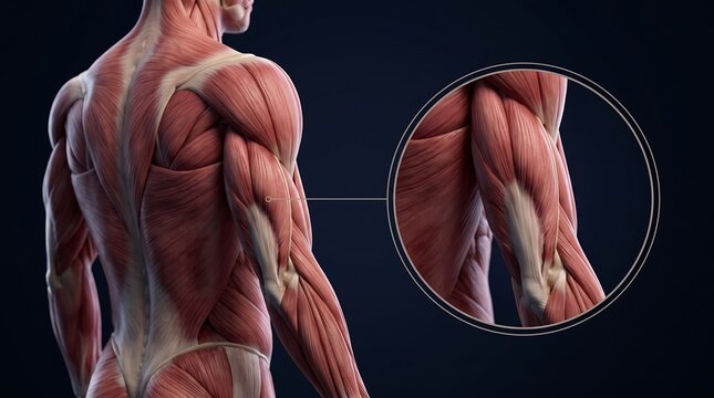 Detailed anatomical illustration of the human muscular system, focusing on the back and arm with a magnified view of the biceps and triceps.