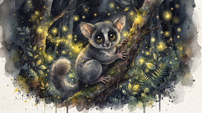 Nocturnal possum clings to a tree branch surrounded by glowing fireflies in a lush, dark forest setting.