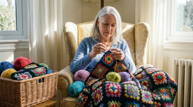 Senior Woman Crocheting Colorful Granny Square Blanket in Cozy Living Room, Handmade Craft Hobby and Retirement Lifestyle