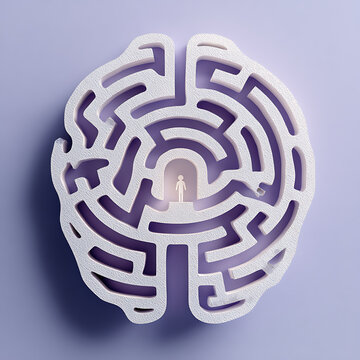 Conceptual illustration of a person standing inside a brain-shaped labyrinth, symbolizing mental health, complex thinking, introspection, psychological struggles, self awareness, inner exploration, an