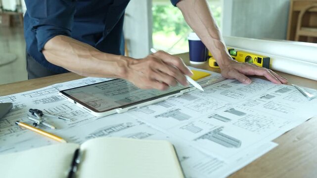 Architect working on house construction plans with blueprints, color samples, measuring tools and architectural drawings on a wooden desk.