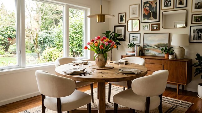 Cozy dining room with flowers table.