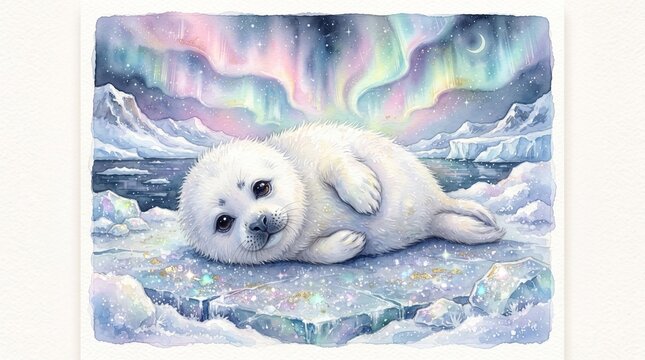 Adorable white seal pup curls up on ice floes beneath an aurora borealis display in a breathtaking Arctic winter landscape scene.