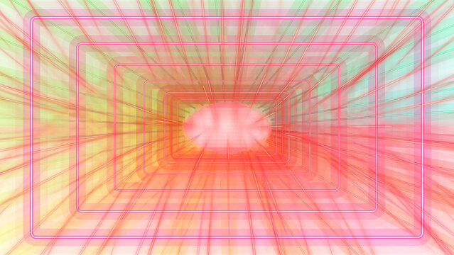 Abstract red eye shape inside a glowing futuristic tunnel with neon light lines and radiant beams