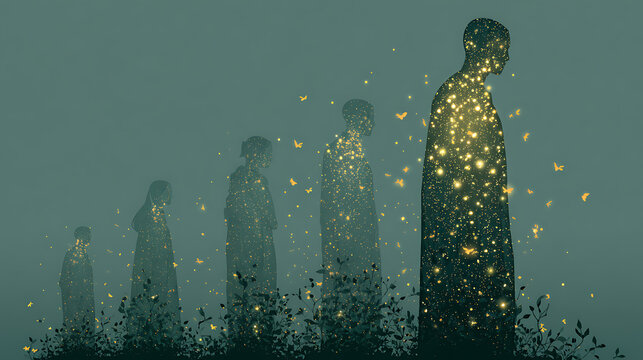 Mental health imagery showing silhouettes of people at different life stages filled with glowing light, butterflies, and plants, symbolizing growth, healing, transformation, hope, and emotional wellbe