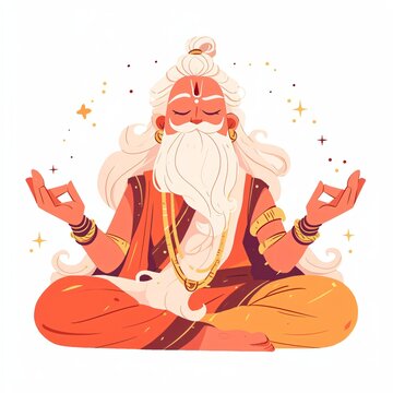 Old man guru sitting in lotus position for meditation. Hindu sage performing yoga for Guru Purnima celebration. Traditional spiritual teacher practicing mindfulness and inner peace.