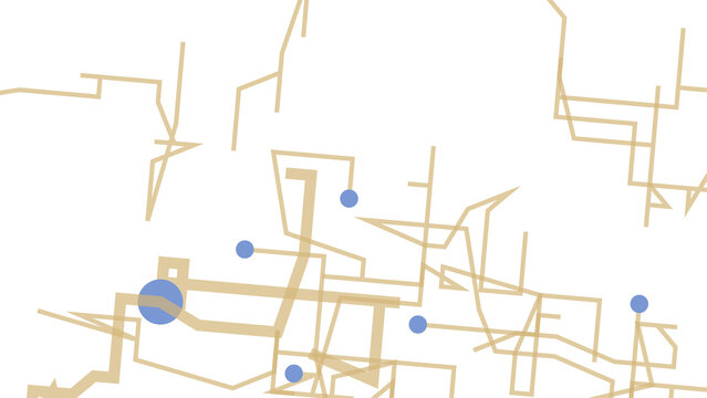 Abstract technical map diagram featuring beige lines and blue circular nodes on black space