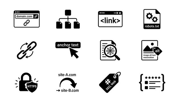 Search Engine Optimization and Website Link Building Icon Set for Digital Marketing Web Optimization and Clean Vector Design