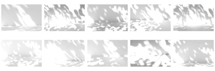 Obraz premium Tree leaf shadow collection overlay on the wall and floor isolated on a transparent background PNG