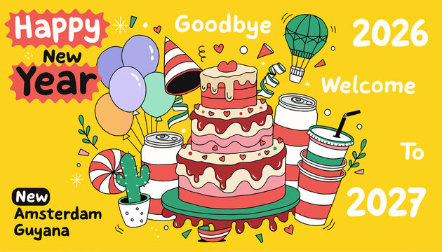 Happy New Year 2027 Celebration with Cake, Balloons, Drinks, Hot Air Balloon on Yellow Background