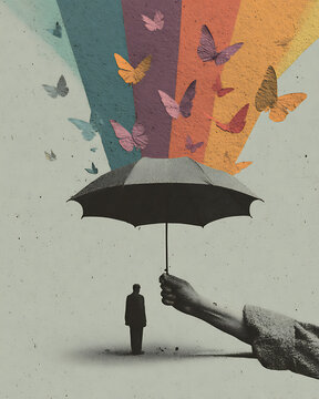 Mental health imagery showing a vulnerable person protected by an umbrella and helping hand, with colorful butterflies symbolizing emotional support, hope, healing, resilience, and freedom