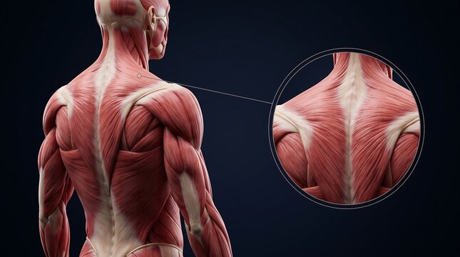 Detailed anatomical illustration of human back muscles, highlighting the upper trapezius and shoulder region in a magnified inset.