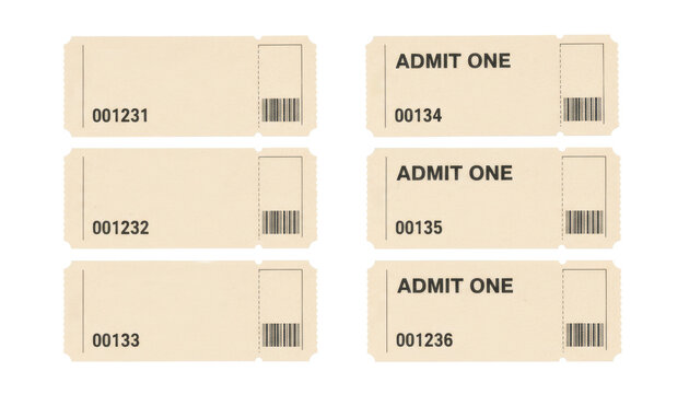 Set of six beige admit one tickets with barcodes and serial numbers, concept of access and entry