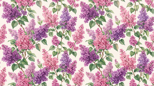Seamless floral pattern featuring vibrant lilac blooms in shades of pink and purple against a soft background