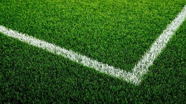 turf. Overhead view of lush green sports field with crisp white goal lines. event key visuals, club posters, designed for sports event promotions and stadium branding, boosts motivation.