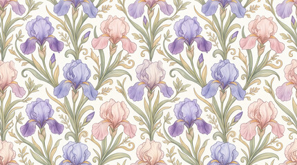 Obraz premium Seamless floral pattern featuring delicate irises in soft purple and pink hues with green leaves on a light background