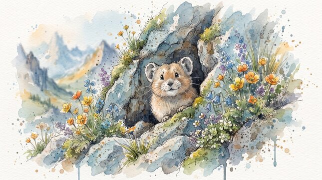 Little pika watercolor painting captures the essence of a furry creature peeking out from its rocky den amidst a vibrant mountain landscape with blooming flowers.