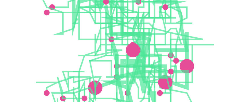 Complex web of light green geometric lines interconnected with pink circles against dark black background
