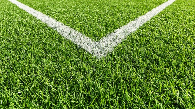turf. Overhead view of lush green sports field with crisp white goal lines. event key visuals, club posters, designed for sports event promotions and stadium branding, boosts motivation.