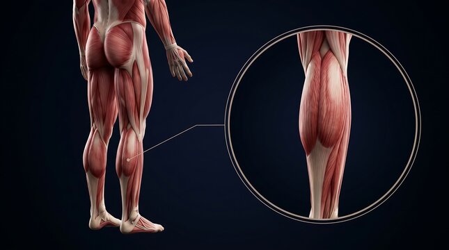 Detailed anatomical illustration of human leg muscles, showing the posterior view of the lower body with a magnified inset of the calf.