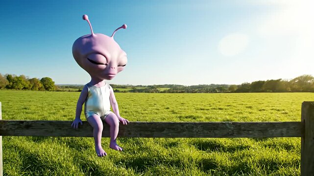 Cute purple alien sitting on wooden farm fence.