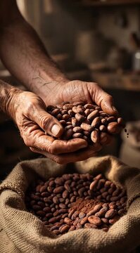 Weathered hands holding raw cacao beans over burlap sack in rustic farm setting, harvest agriculture, organic food production, cocoa industry