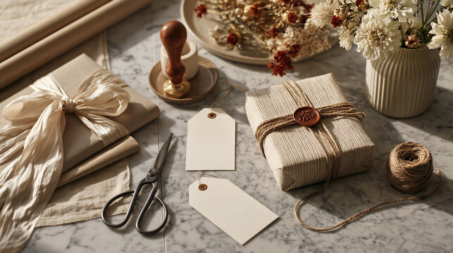 Neutral-toned gift wrapping station on white marble surface featuring striped kraft-wrapped box with jute twine and red wax seal, cream silk ribbon bow, gift tags, vintage scissors, rubber stamp