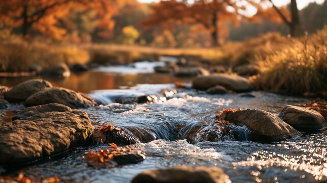 Rocky autumn creek with cascading water orange foliage and golden sunlight
