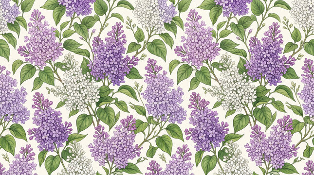 Seamless pattern featuring lilac flowers in shades of purple and white, surrounded by lush green leaves, rendered in a botanical style