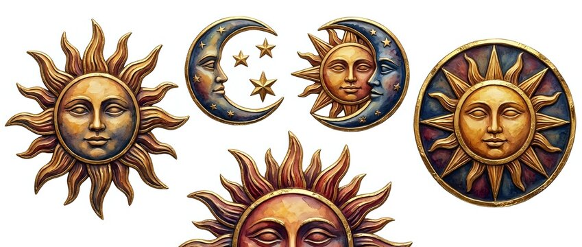 Celestial sun and moon face ornaments with golden metallic finishes