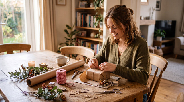 A woman happily wraps a gift at a wooden table during daylight, surrounded by festive decorations