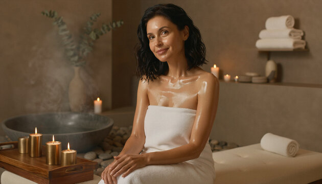 Relaxed woman wrapped in white towel sitting on massage table in candlelit spa room with steam bowl and gold candles