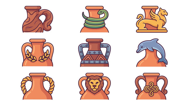 Ancient Greek amphorae set with mythical animal motifs.
