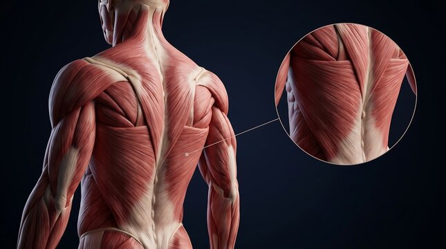 Detailed anatomical illustration of human back muscles with a magnified view of the upper back.