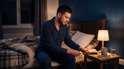 Fototapeta premium A man in blue pajamas sitting on a bed while charging his phone at night, with a lamp casting a warm glow